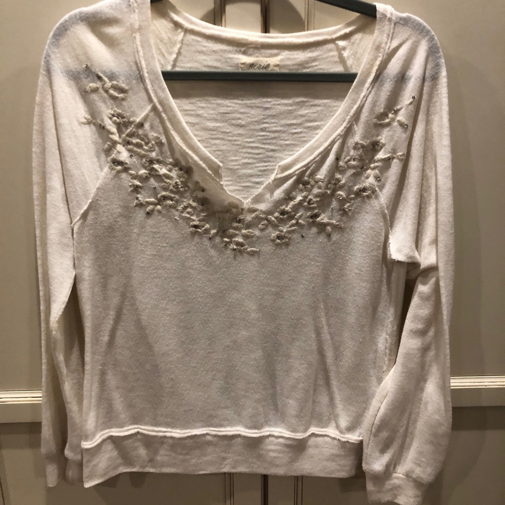 Aerie Knit Long Sleeve Split V Embroidered Sweater